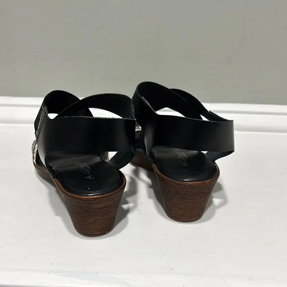 Beaded Wedge Black and Gray Silver Comfort Sandals-size 6.5